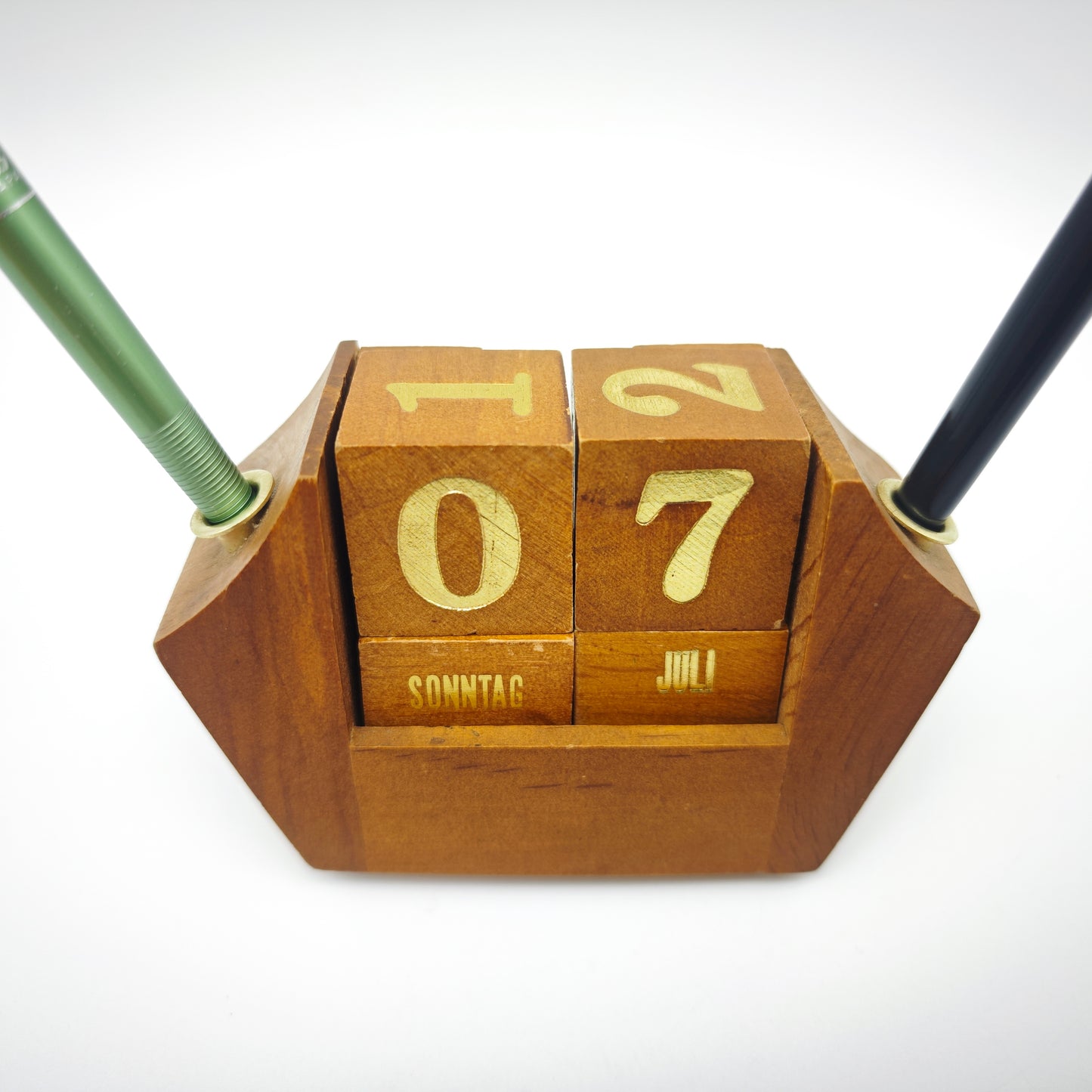 Ewiger Kalender Würfel Holz gold vintage Schreibtisch Dekoration Stiftehalter Mid Century Büro Accessoire Endloskalender deutsch Tischkalender