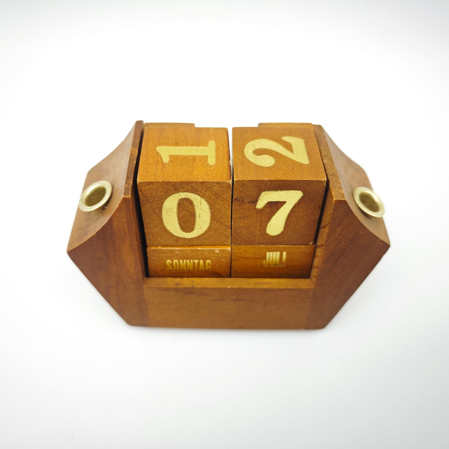 Ewiger Kalender Würfel Holz gold vintage Schreibtisch Dekoration Stiftehalter Mid Century Büro Accessoire Endloskalender deutsch Tischkalender