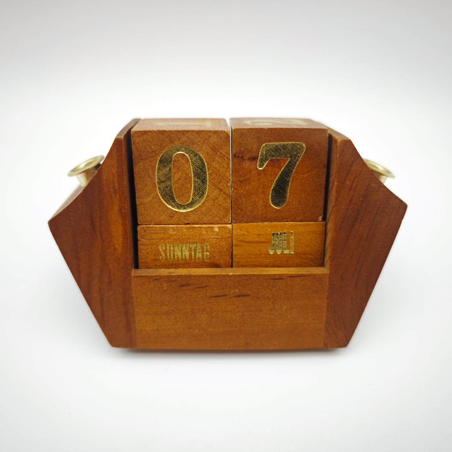 Ewiger Kalender Würfel Holz gold vintage Schreibtisch Dekoration Stiftehalter Mid Century Büro Accessoire Endloskalender deutsch Tischkalender