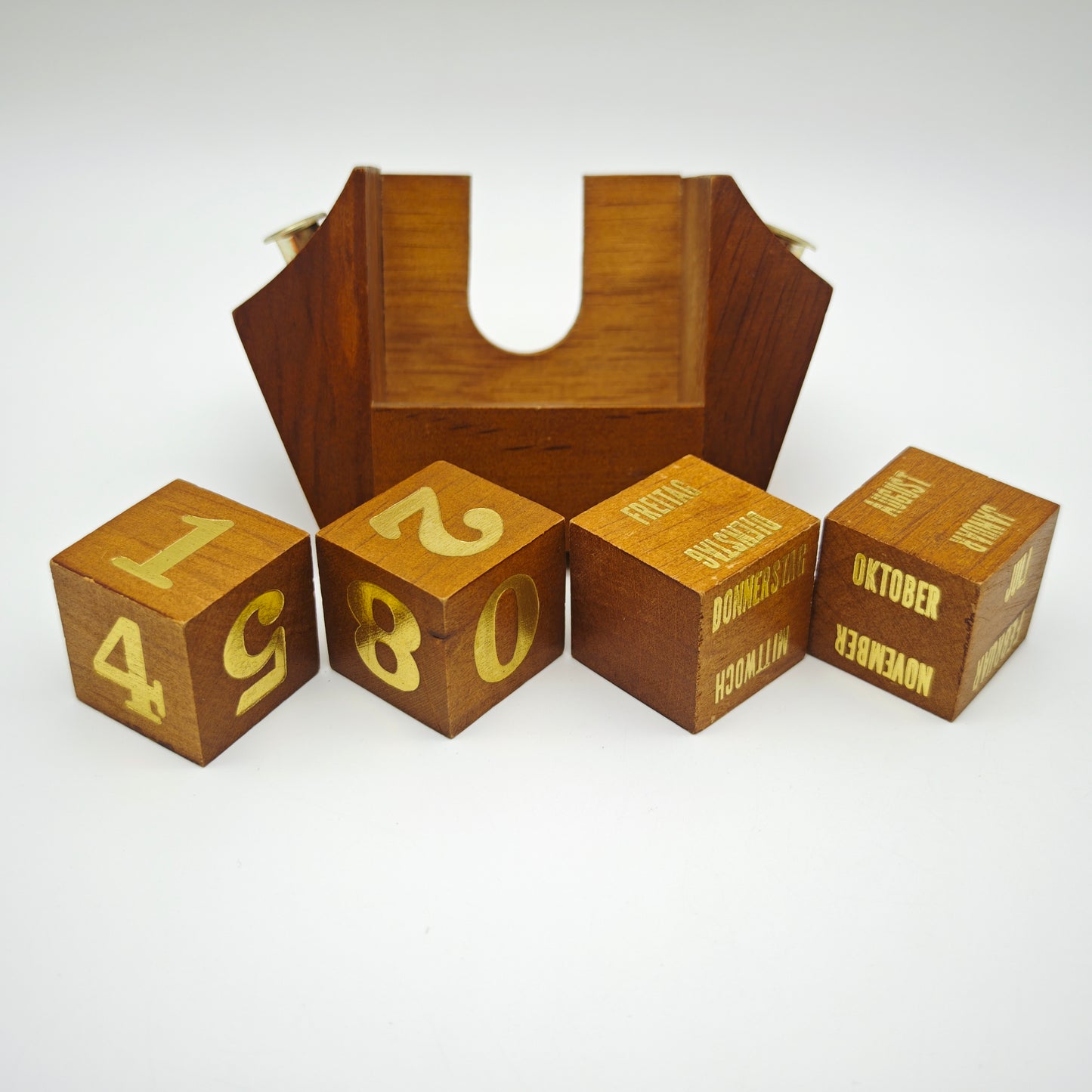 Ewiger Kalender Würfel Holz gold vintage Schreibtisch Dekoration Stiftehalter Mid Century Büro Accessoire Endloskalender deutsch Tischkalender