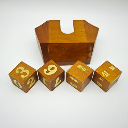 Ewiger Kalender Würfel Holz gold vintage Schreibtisch Dekoration Stiftehalter Mid Century Büro Accessoire Endloskalender deutsch Tischkalender