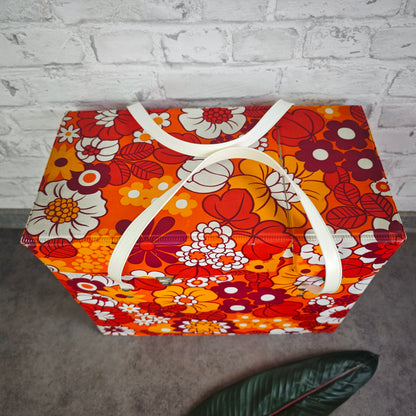 Vintage Kühltasche 70er Jahre Blumenmuster Hippie Flower Power orange rot Picknick Camping Festival Retro