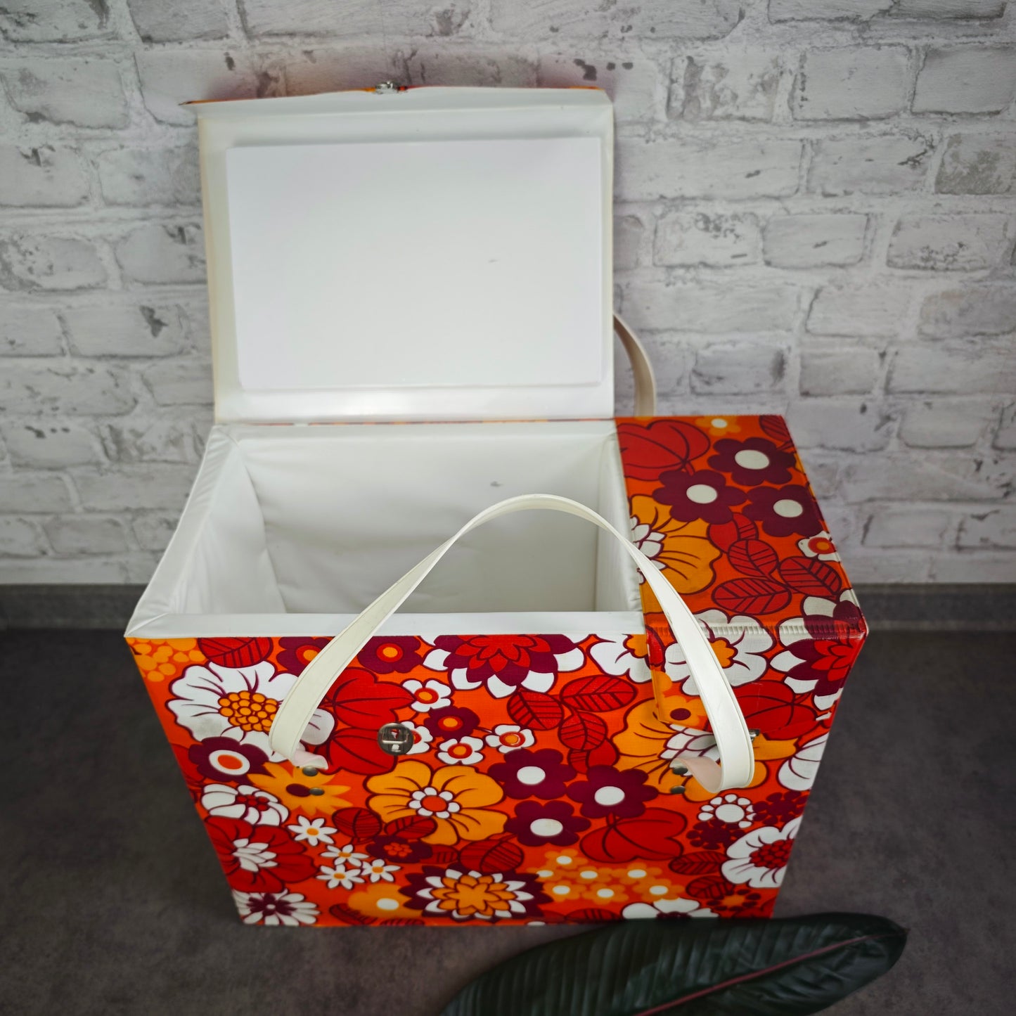 Vintage Kühltasche 70er Jahre Blumenmuster Hippie Flower Power orange rot Picknick Camping Festival Retro