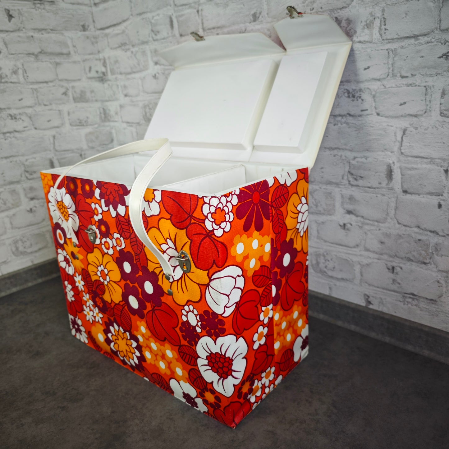 Vintage Kühltasche 70er Jahre Blumenmuster Hippie Flower Power orange rot Picknick Camping Festival Retro