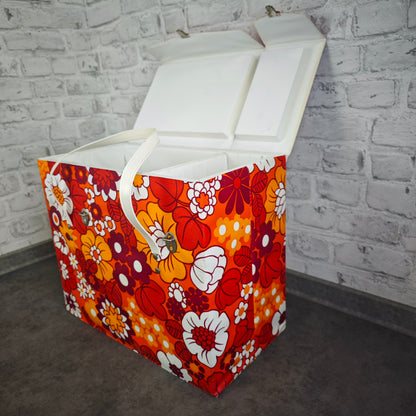 Vintage Kühltasche 70er Jahre Blumenmuster Hippie Flower Power orange rot Picknick Camping Festival Retro