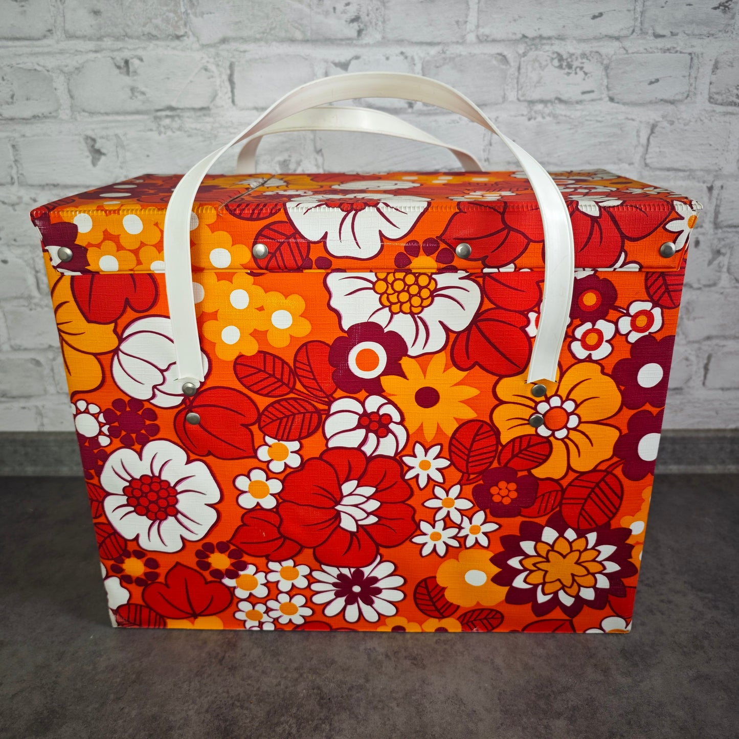 Vintage Kühltasche 70er Jahre Blumenmuster Hippie Flower Power orange rot Picknick Camping Festival Retro