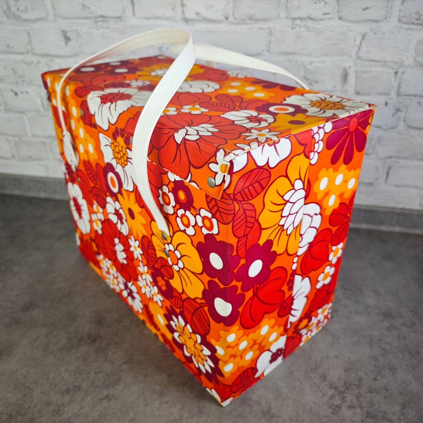 Vintage Kühltasche 70er Jahre Blumenmuster Hippie Flower Power orange rot Picknick Camping Festival Retro