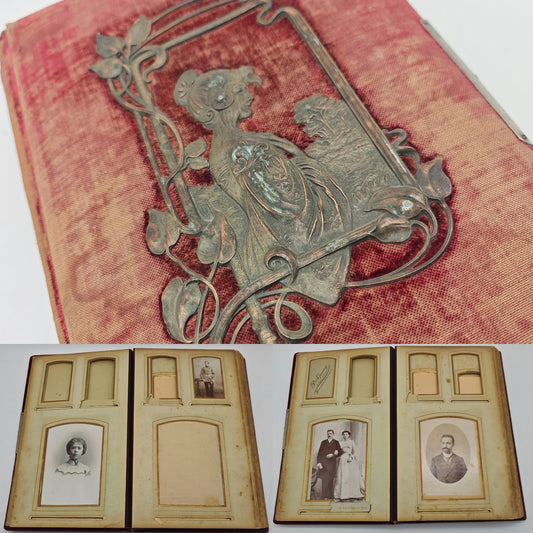 Cabinet photo album Art Nouveau application copper velvet red photos 1900 soldiers wedding civil imperial era gold edge gold edge antique nostalgia