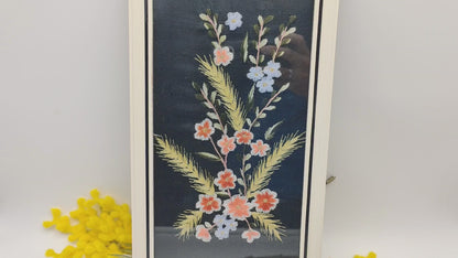 Embroidery picture flowers framed cherry blossoms grain ears black background wooden frame picture 60s midcentury 1960s vintage shabby embroidery handcraft