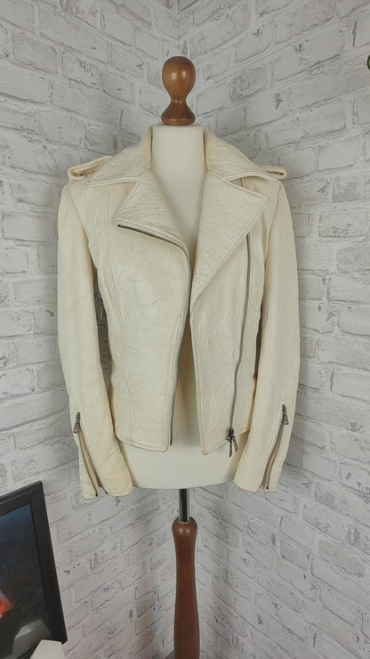Leather jacket biker style cream-colored lamb nappa crunched Kapraun woman size 36 vintage nappa leather real leather biker jacket 1% natural motorcycle jacket