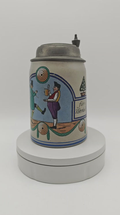 Beer mug "Practice eye and hand for the fatherland" antique tin lid reservists rifle club beer stein stoneware beer mug Germany imperial era
