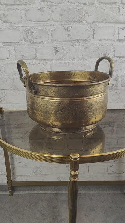Jardiniere brass planter handles round flower pattern ornaments antique French planter golden yellow flowerpot garden vintage planter