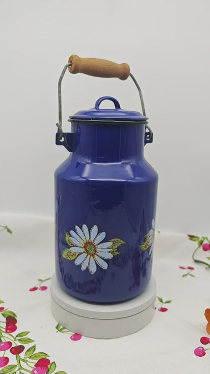 Milk jug blue chamomile enamel vintage decoration planter herb pot handle lid shabby chic country house decoration cottagecore farmcore grannycore