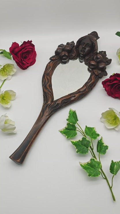 Hand mirror wood Art Nouveau carving Vanity Beauty dressing table boudoir Bridesmaid bride French antique Snow White fairytale mirror