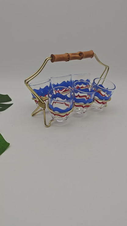 6x verres à liqueur dans un support String Era Mid Century verres à liqueur dorés années 50 60 estampillés en laiton support fil verre à liqueur fête rockabilly