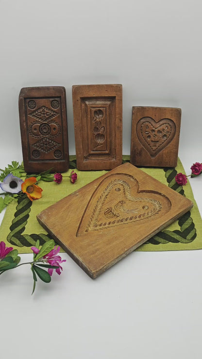 Springerle form wooden model baking form antique heart oak carved flower bouquet peacock bird lily of the valley roses decoration country house