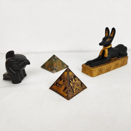 4x Figures Egypt ancient Egyptian decoration set rainforest jasper rhyolite pyramid paperweight gods hieroglyphs Horus Anubis jackal sphinx