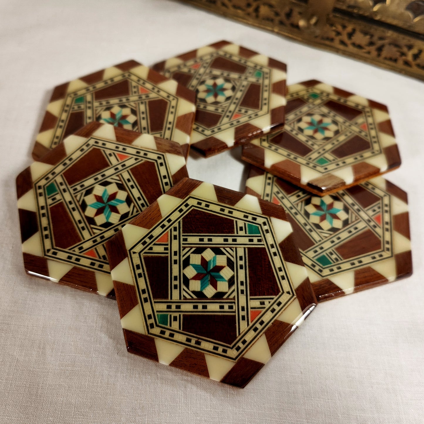 Lot de 6 sous-verres en verre avec incrustations de bois et étoiles, style carrelage italien vintage, hexagone oriental lisse et brillant