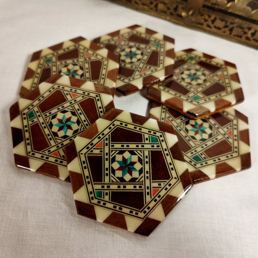 Lot de 6 sous-verres en verre avec incrustations de bois et étoiles, style carrelage italien vintage, hexagone oriental lisse et brillant
