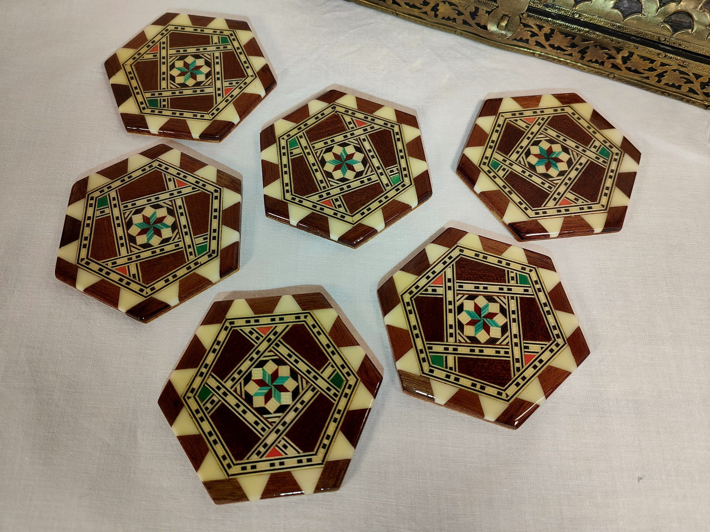 Lot de 6 sous-verres en verre avec incrustations de bois et étoiles, style carrelage italien vintage, hexagone oriental lisse et brillant