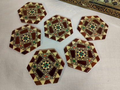 Lot de 6 sous-verres en verre avec incrustations de bois et étoiles, style carrelage italien vintage, hexagone oriental lisse et brillant