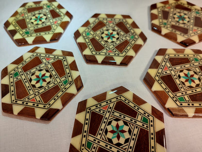Lot de 6 sous-verres en verre avec incrustations de bois et étoiles, style carrelage italien vintage, hexagone oriental lisse et brillant