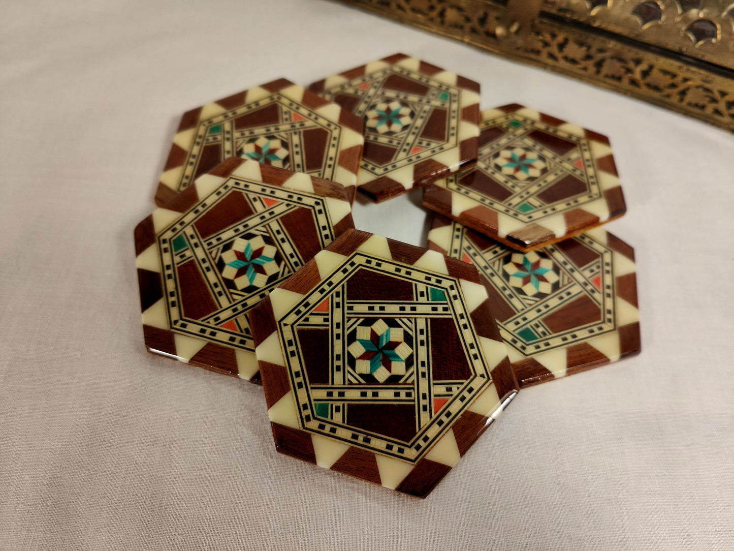 Lot de 6 sous-verres en verre avec incrustations de bois et étoiles, style carrelage italien vintage, hexagone oriental lisse et brillant