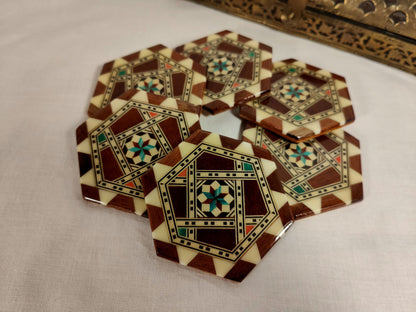 Lot de 6 sous-verres en verre avec incrustations de bois et étoiles, style carrelage italien vintage, hexagone oriental lisse et brillant