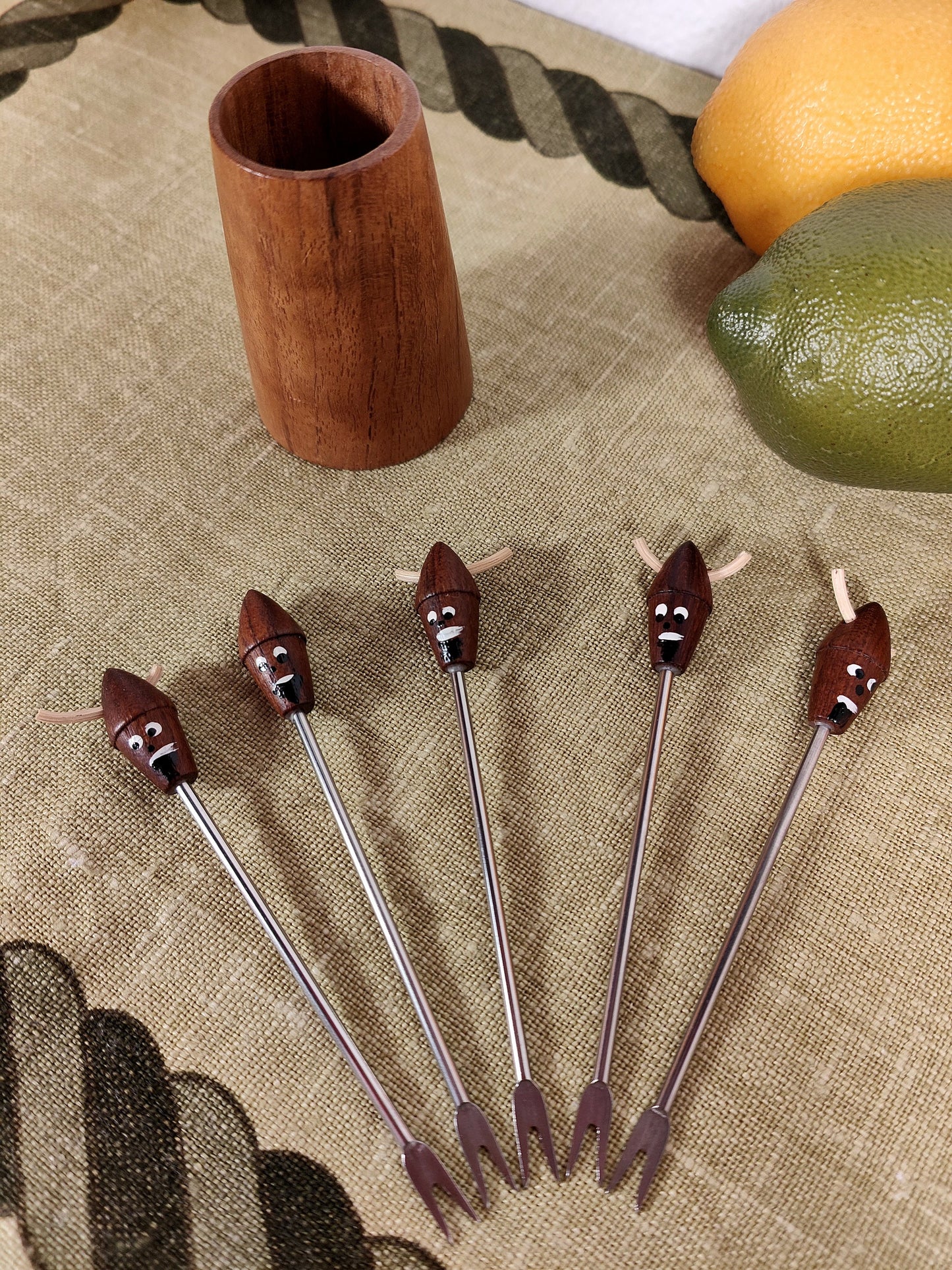 Cocktail skewers sets wooden motif Viking fish punch skewers olive skewers party skewers party forks fruit cheese fork midcentury holder party picker