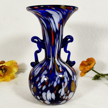 Vase en verre Fratelli Toso Murano bleu marbré vintage Midcentury tourbillon verre art Hygge Skandi épuré maximalisme Italie brillant vase amphore