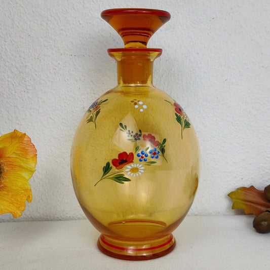 Antique glass carafe glass bottle hand-painted poppy flowers orange stopper vessel vintage cottagecore farmhouse nostalgia light academia decanter glass art