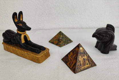 4x Figures Egypt ancient Egyptian decoration set rainforest jasper rhyolite pyramid paperweight gods hieroglyphs Horus Anubis jackal sphinx