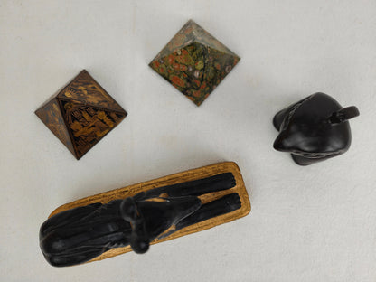 4x Figures Egypt ancient Egyptian decoration set rainforest jasper rhyolite pyramid paperweight gods hieroglyphs Horus Anubis jackal sphinx