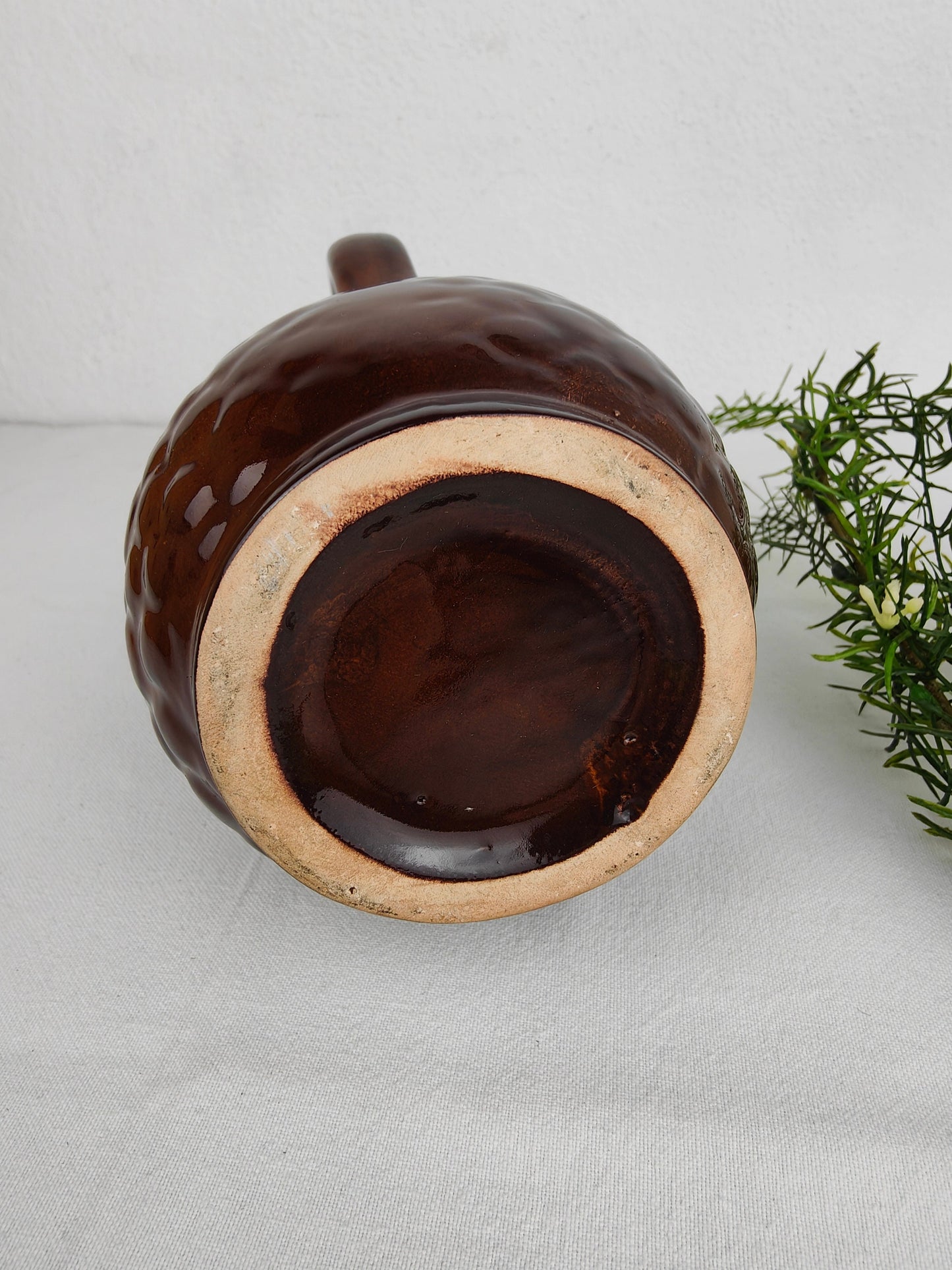 Midcentury Vase für 4 Blumen Zweige vintage braun Glanz Keramik Gesteck Griff Henkel organisch brutalistisch ausgefallen "Baum-Herz" Blumenfrosch Ikebana