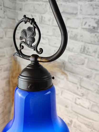Plafonnier Lamptique DL1000 laiton abat-jour verre lampe en verre feuille fleur bleu opale or classique suspension abat-jour conique art déco Art Nouveau