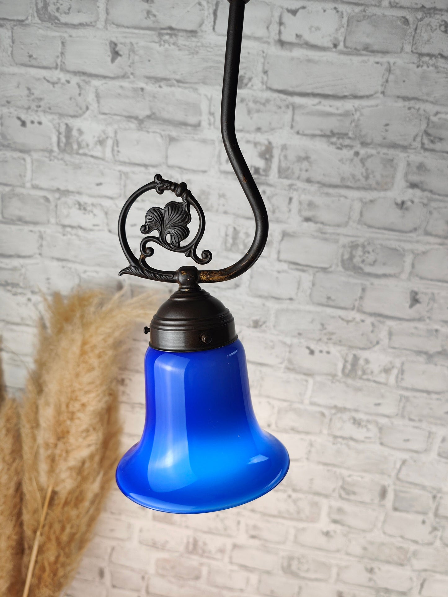 Plafonnier Lamptique DL1000 laiton abat-jour verre lampe en verre feuille fleur bleu opale or classique suspension abat-jour conique art déco Art Nouveau