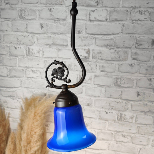 Plafonnier Lamptique DL1000 laiton abat-jour verre lampe en verre feuille fleur bleu opale or classique suspension abat-jour conique art déco Art Nouveau