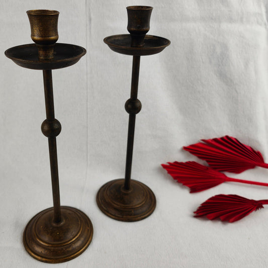 2x candlesticks with ball brass bronze metal altar shrine pair set candle holder witch space age wicca Art Deco candlestick antique look