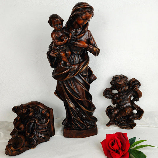 3x wax figures set Madonna with baby Jesus angel wall console Mary figure base figure carving Christian religious art sculpture putto Mary Jesus devotion prayer shrine home altar